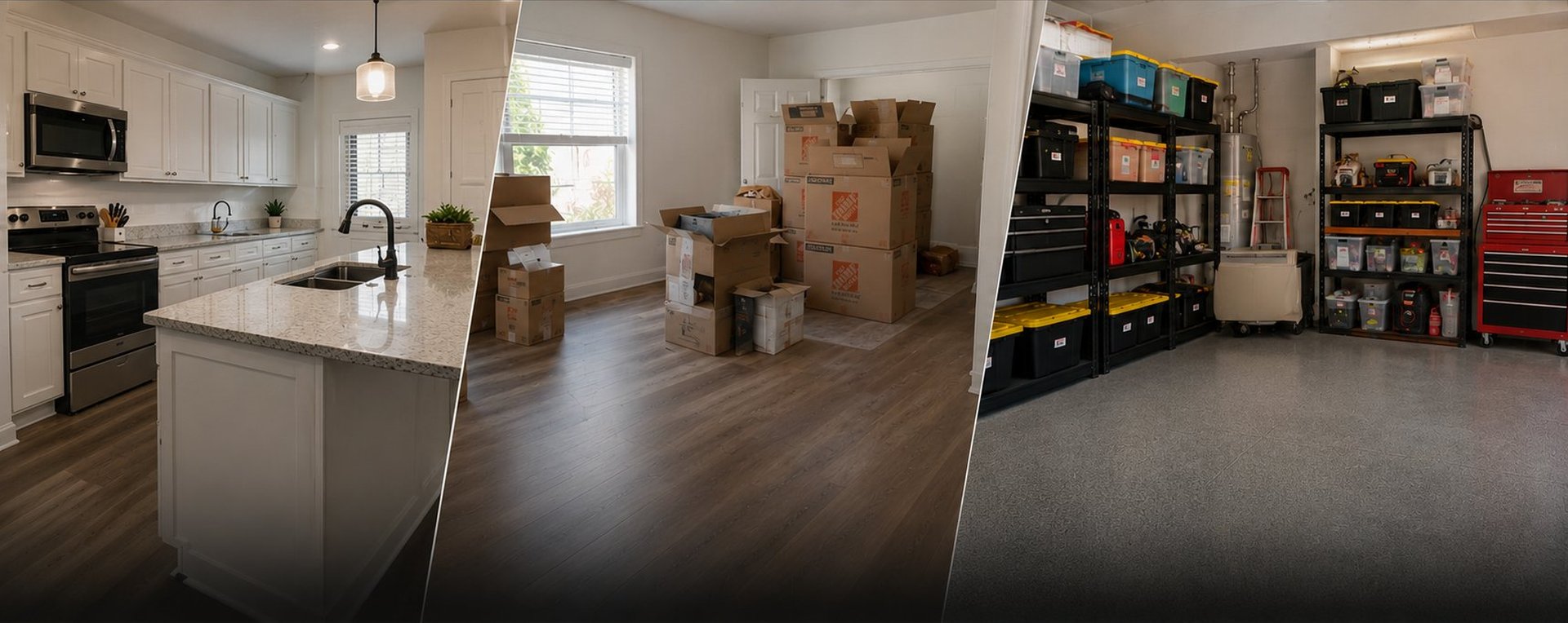 Kitchen, move-out, and organized garage shown side by side
